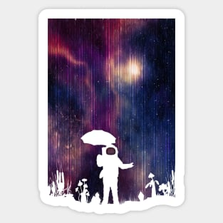 Astronaut with umbrella on distant world in interstellar rain Sticker